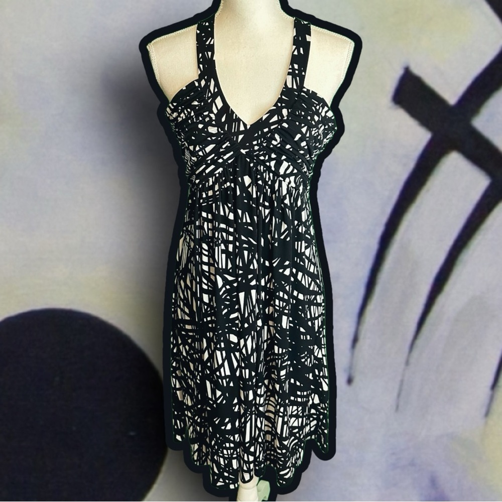 Calvin Klein Black & White Abstract Ruched V-Neck Sleeveless Jersey Knit Dress